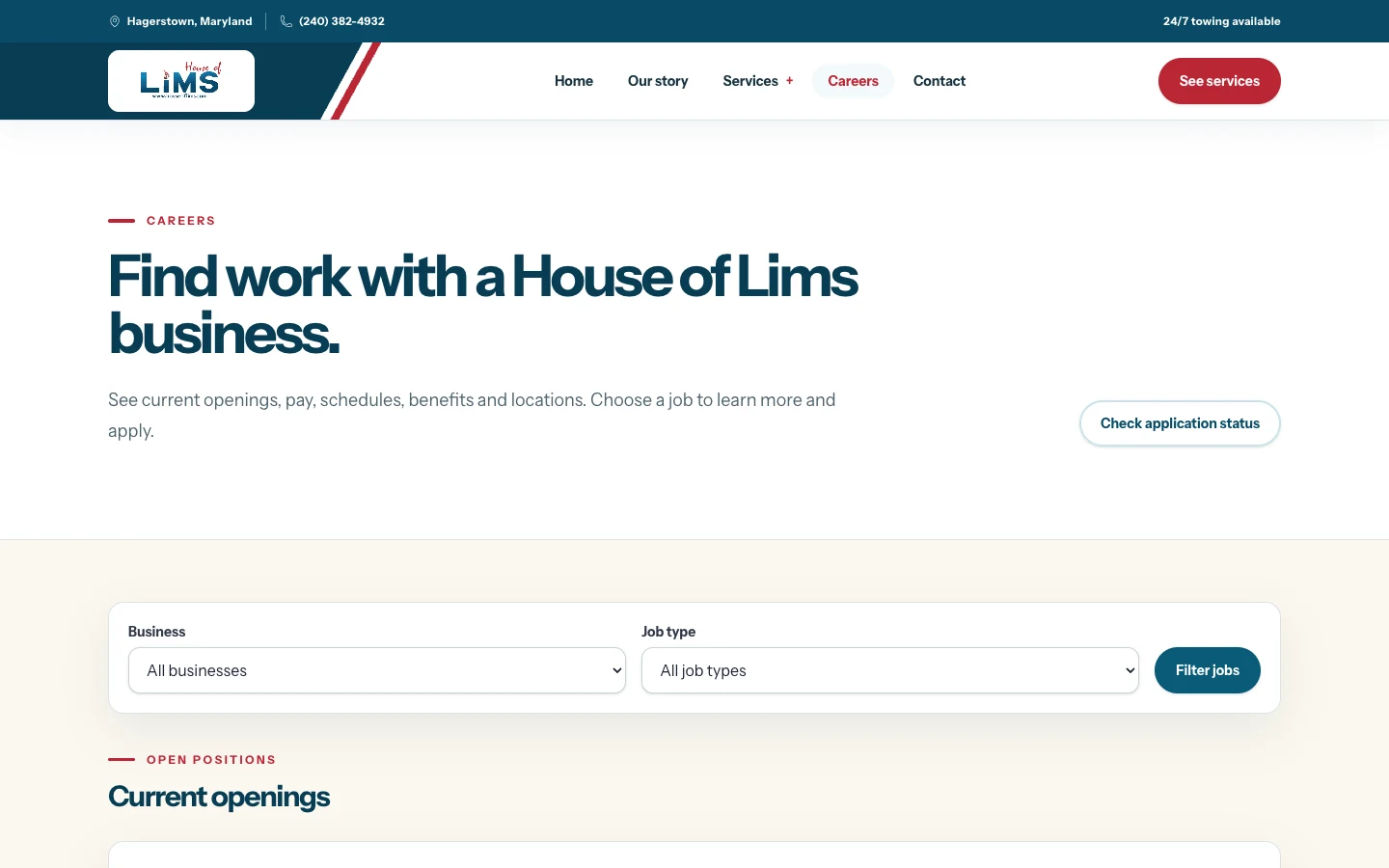 Careers page with job filters, openings, and application status check, desktop view