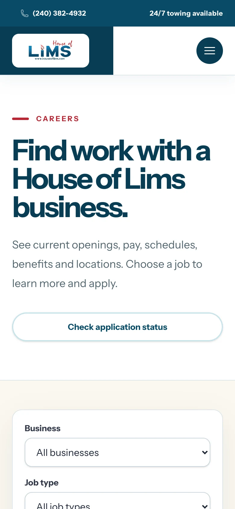 Careers page with job filters, openings, and application status check, mobile view