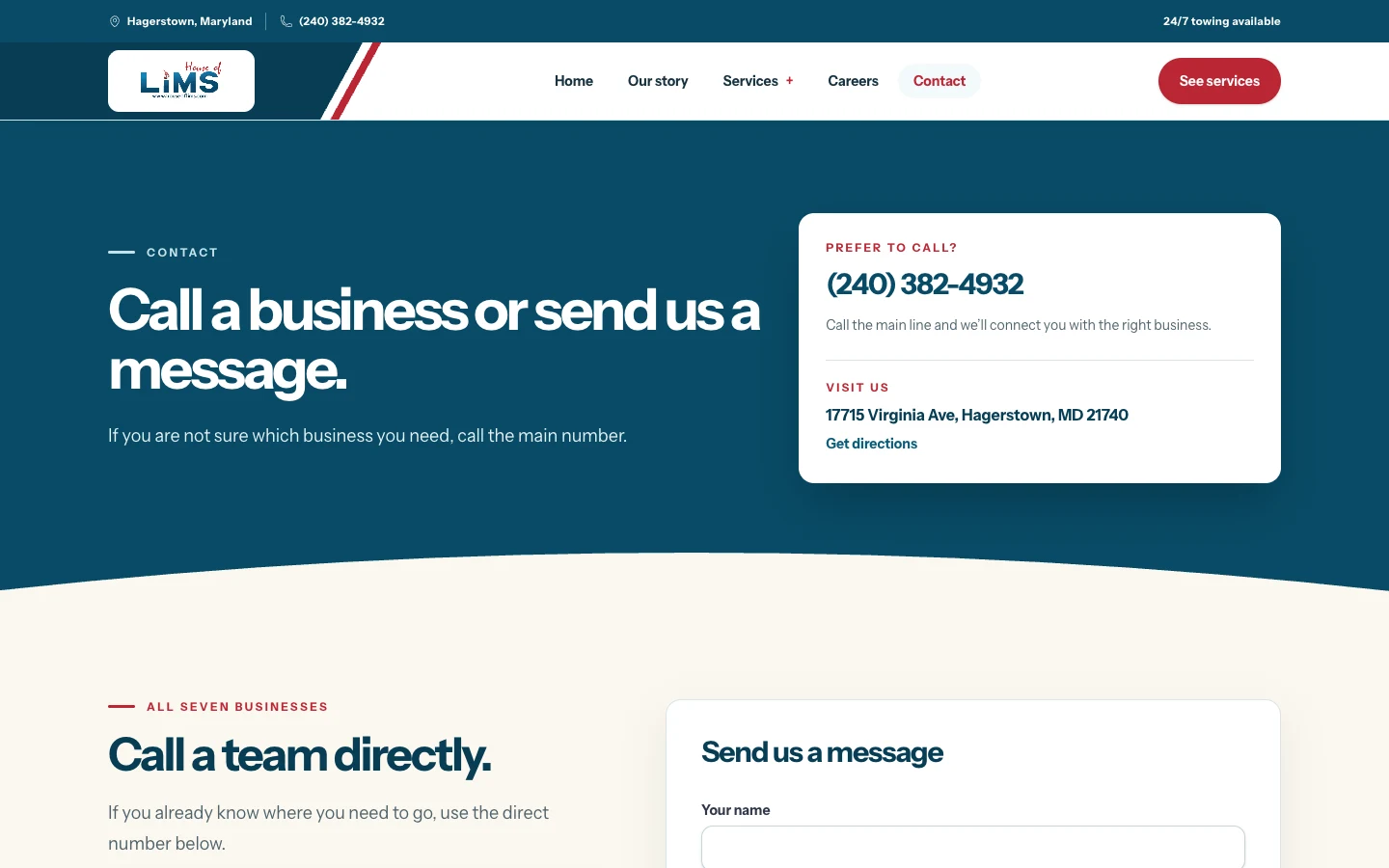 Contact page with phone, message form, address, and map, desktop view