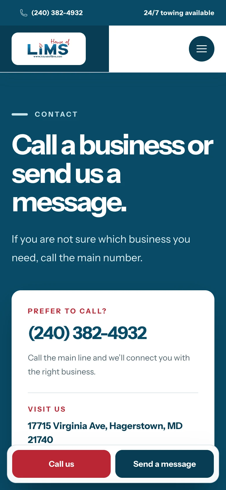 Contact page with phone, message form, address, and map, mobile view