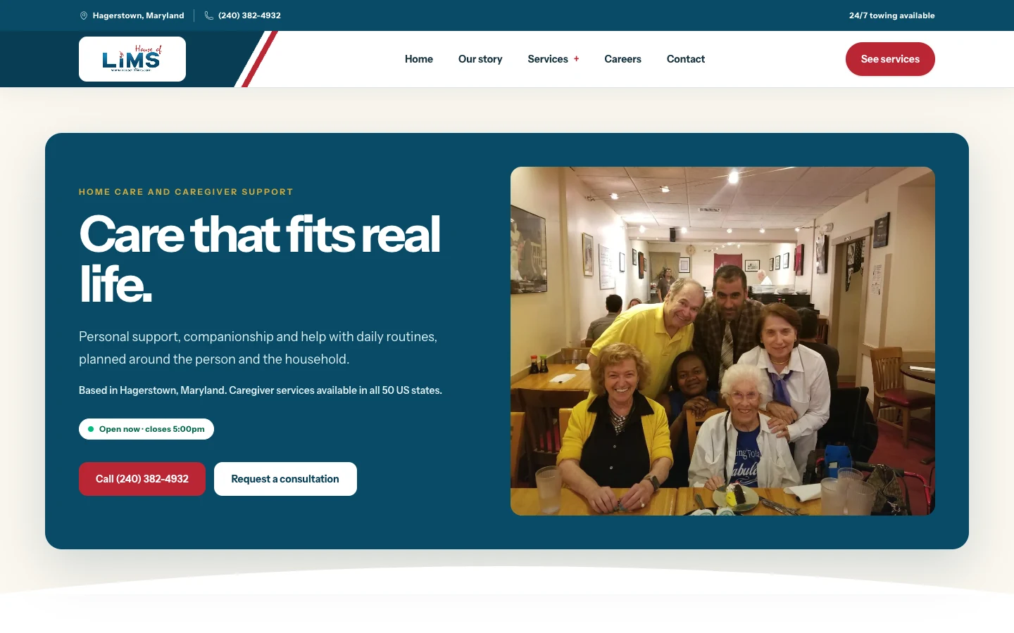 The Lord Is My Shepherd Home Care business page with services, hours, and consultation request, desktop view