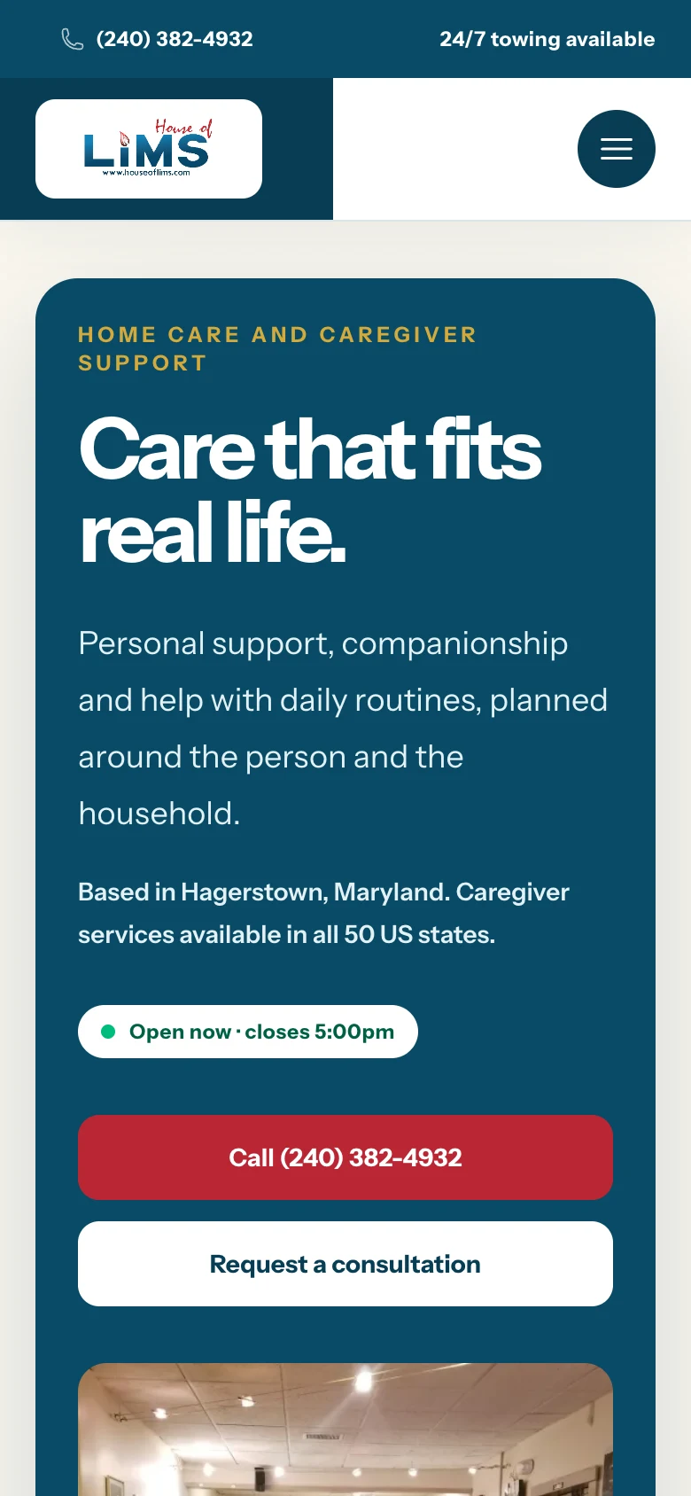 The Lord Is My Shepherd Home Care business page with services, hours, and consultation request, mobile view