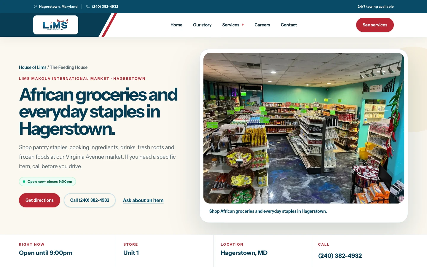 LIMS Makola International Market business page for African groceries, desktop view