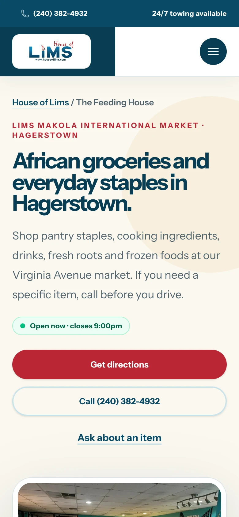 LIMS Makola International Market business page for African groceries, mobile view