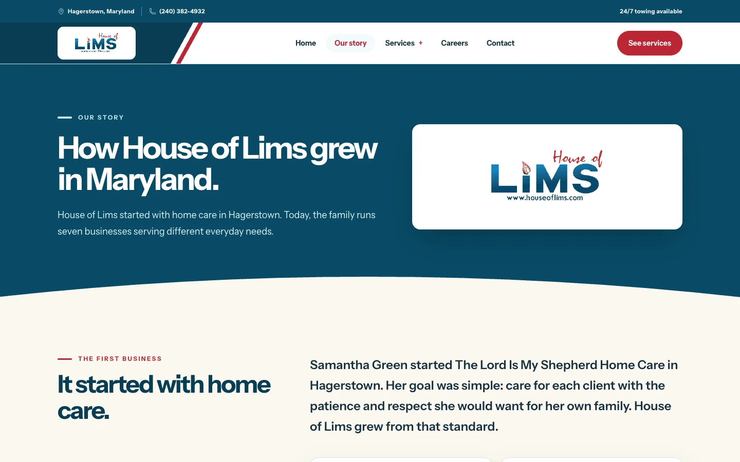 Our story page on the family behind House of Lims and its values, desktop view