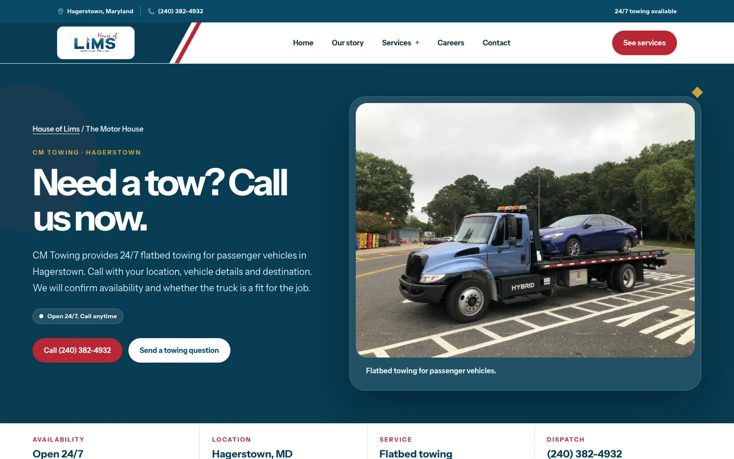 CM Towing business page for 24/7 flatbed towing in Hagerstown, desktop view