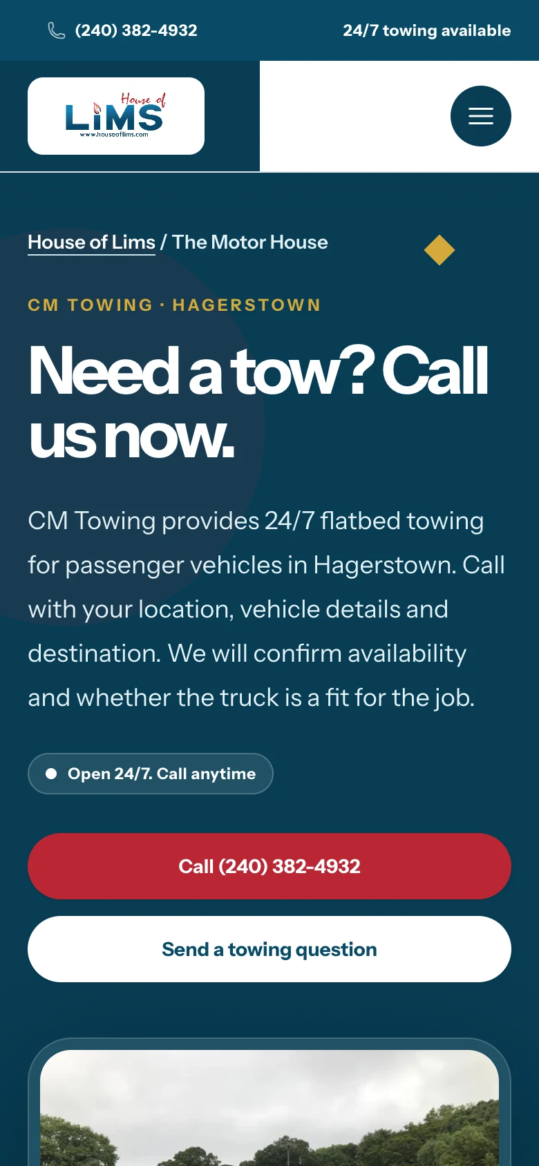 CM Towing business page for 24/7 flatbed towing in Hagerstown, mobile view