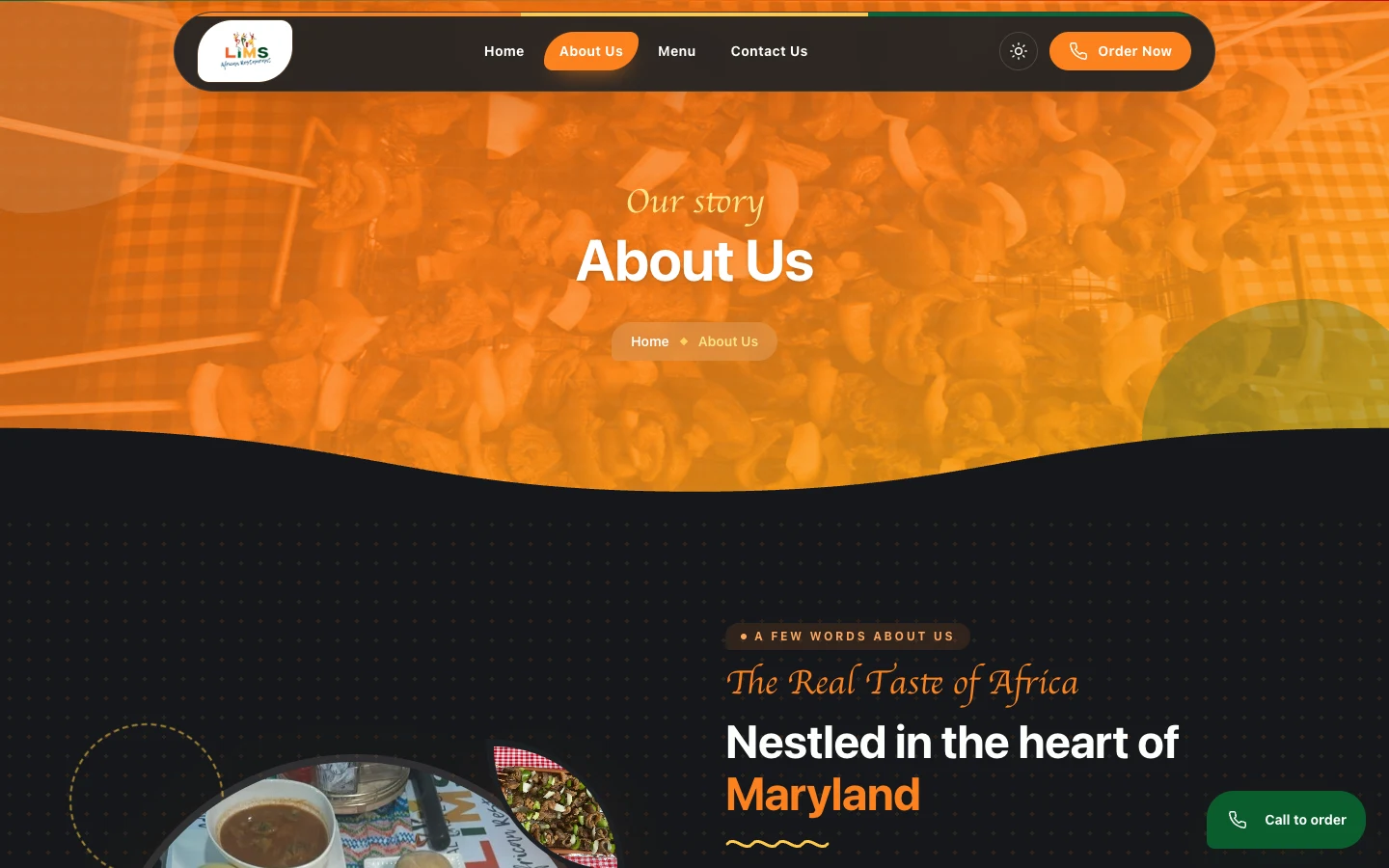 About page telling the story behind the kitchen, desktop view