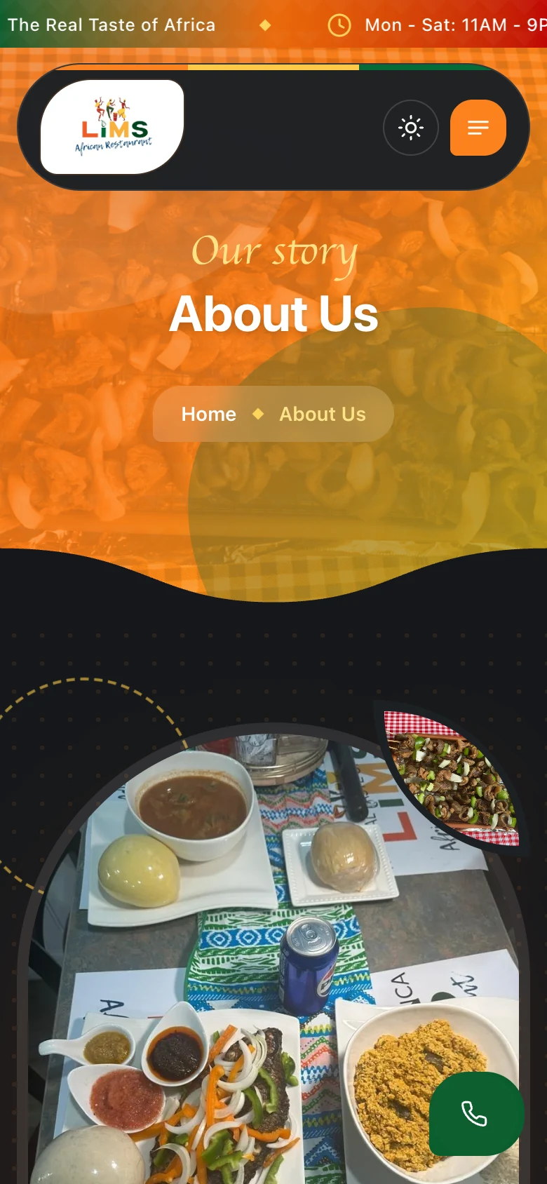 About page telling the story behind the kitchen, mobile view