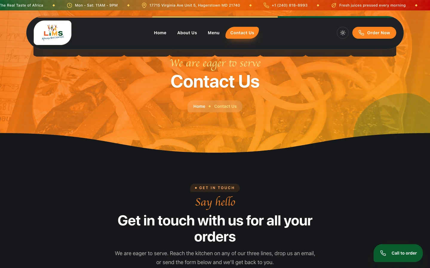 Contact page with phone numbers, hours, and the Hagerstown address, desktop view