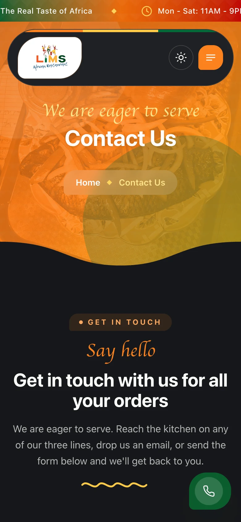 Contact page with phone numbers, hours, and the Hagerstown address, mobile view