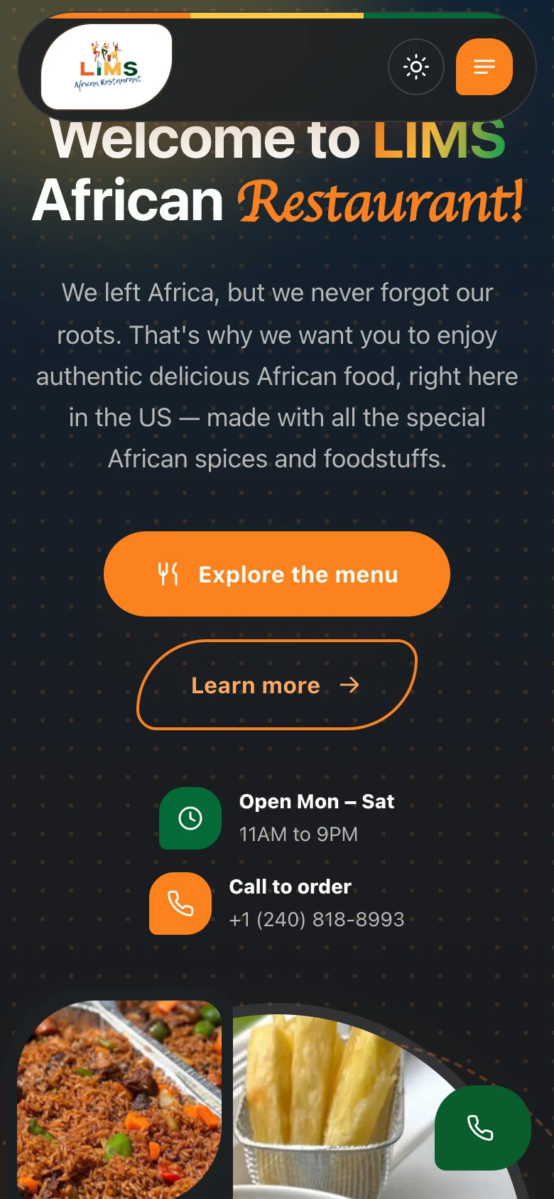 Home page with the "Welcome to LIMS" hero, menu categories, signature dishes, catering, and how ordering works, mobile view
