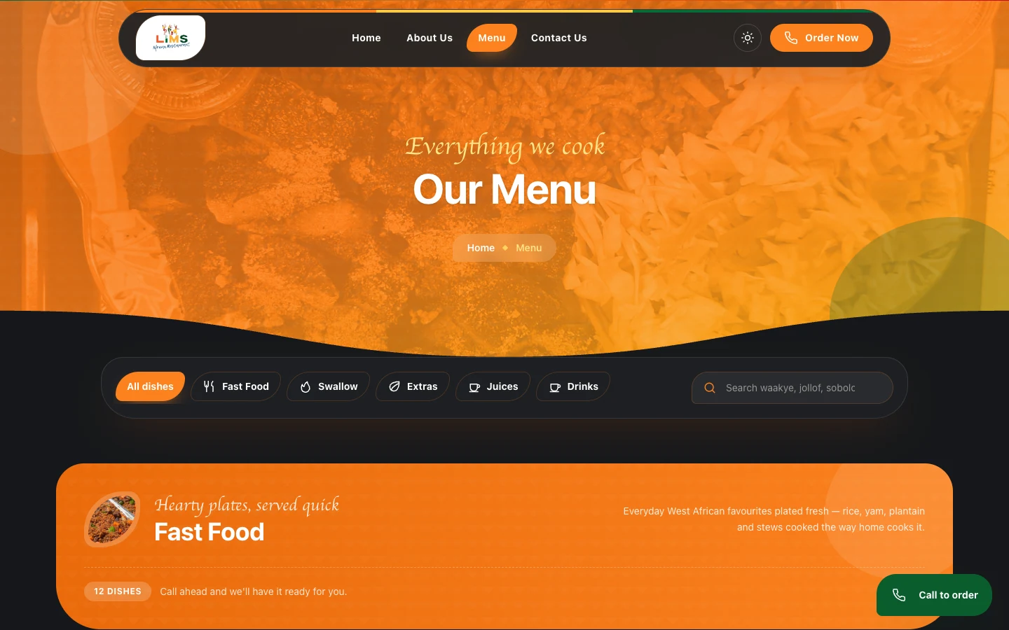 Menu page with category tabs, search, and signature dish labels, desktop view
