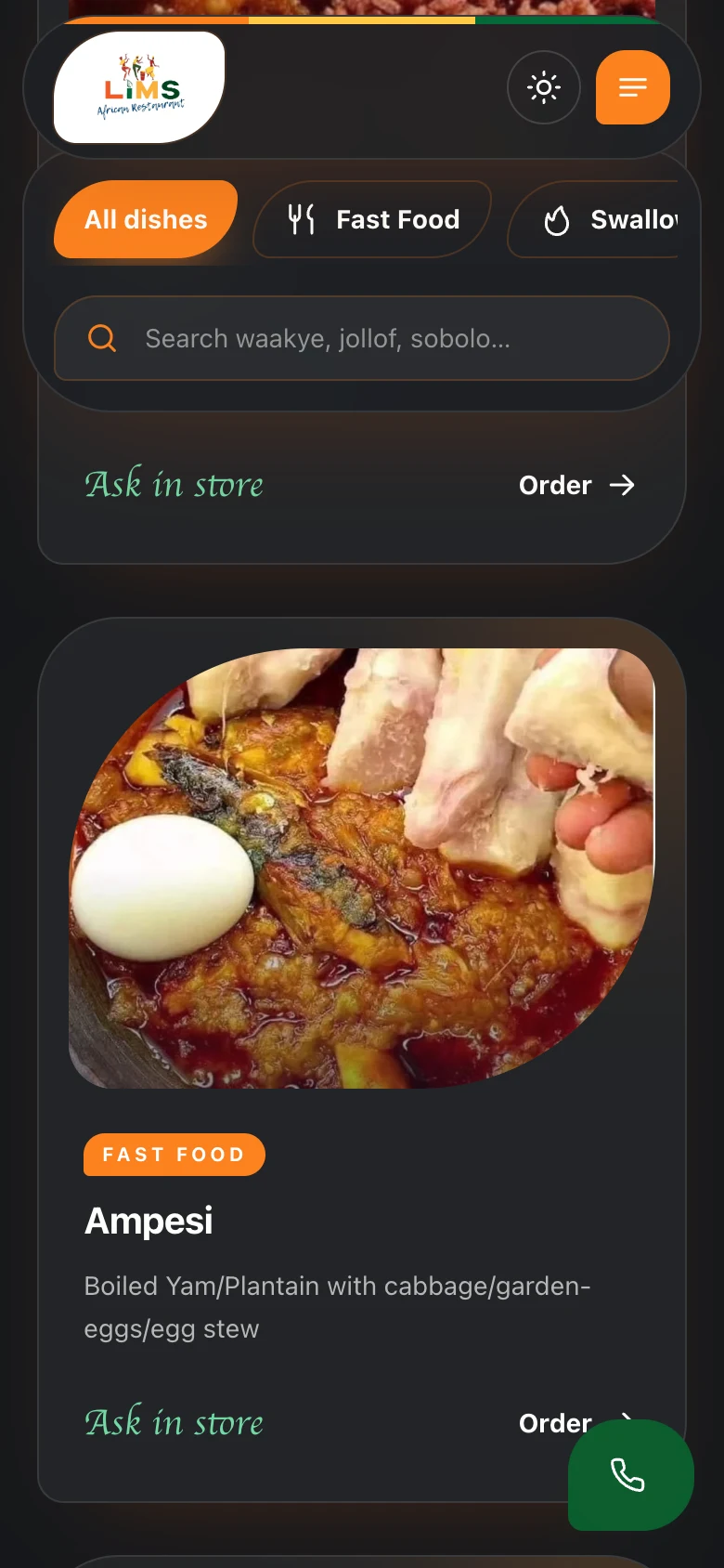 Menu page with category tabs, search, and signature dish labels, mobile view