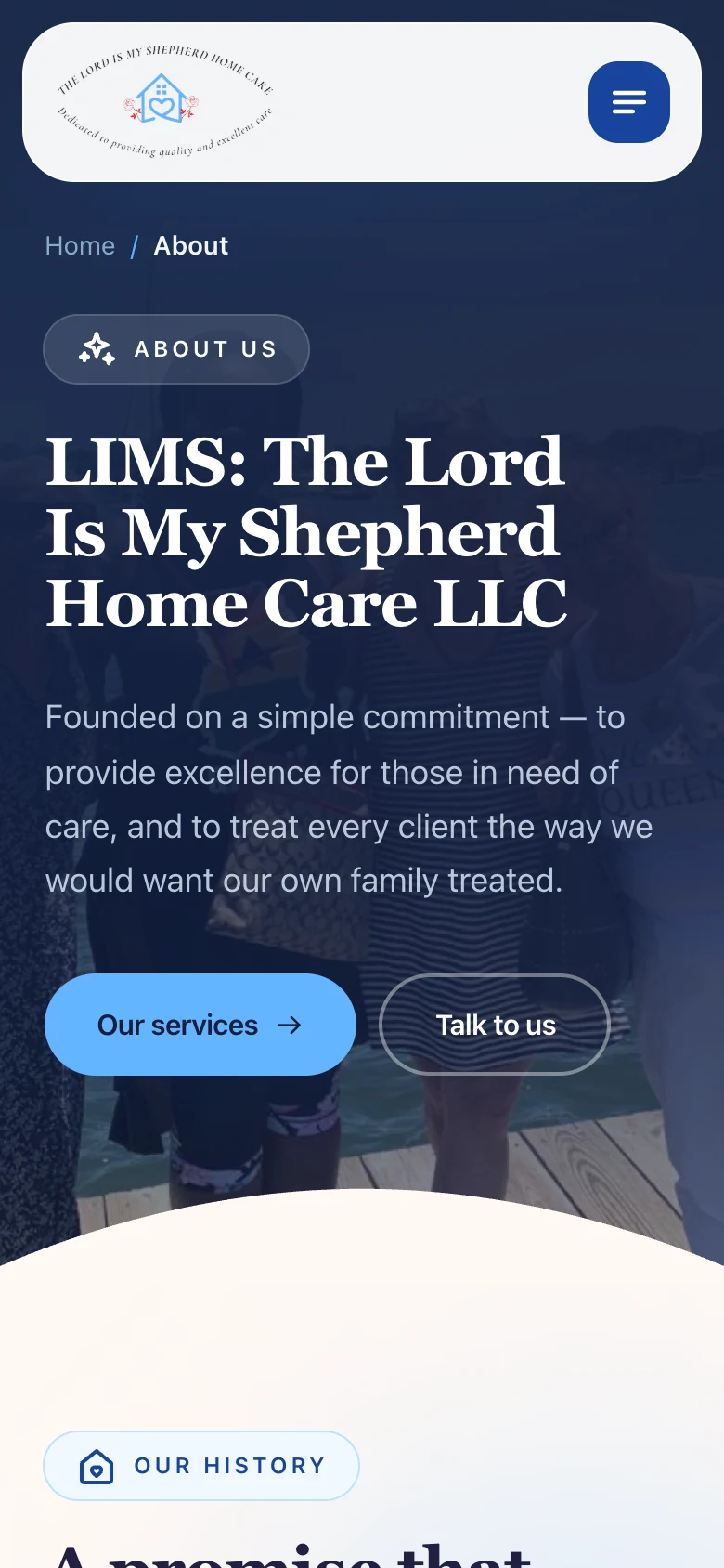 About page on the founder, the mission, and what makes the agency different, mobile view