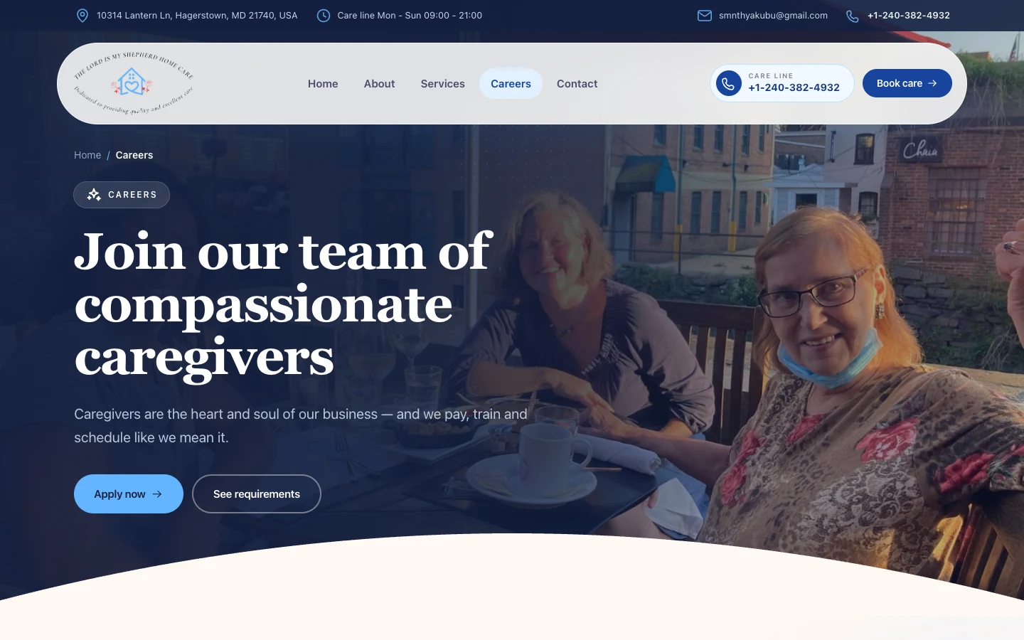 Careers page with caregiver requirements and an online application form, desktop view