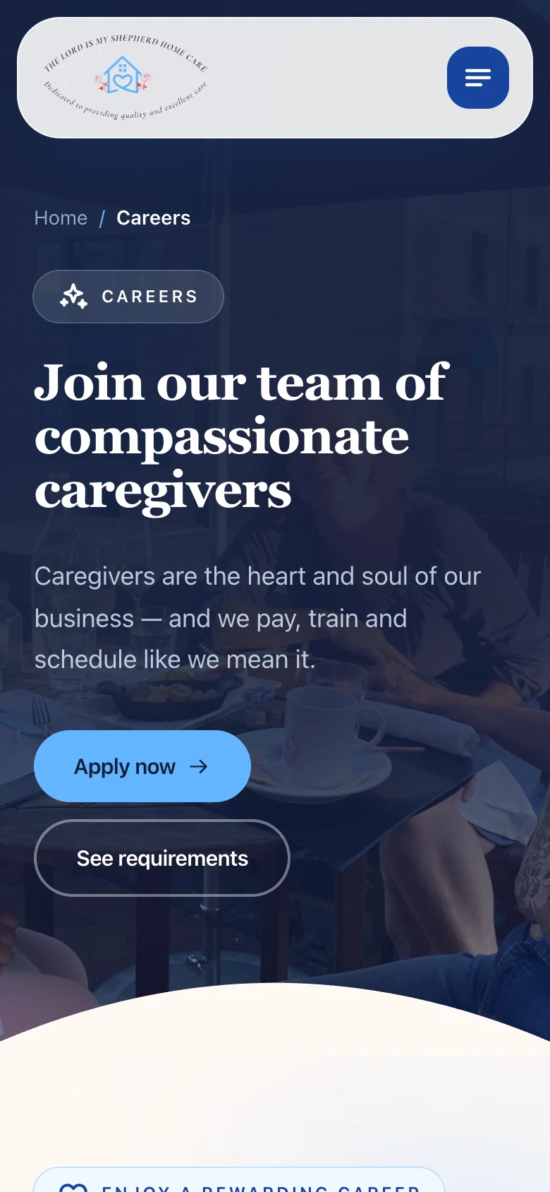 Careers page with caregiver requirements and an online application form, mobile view