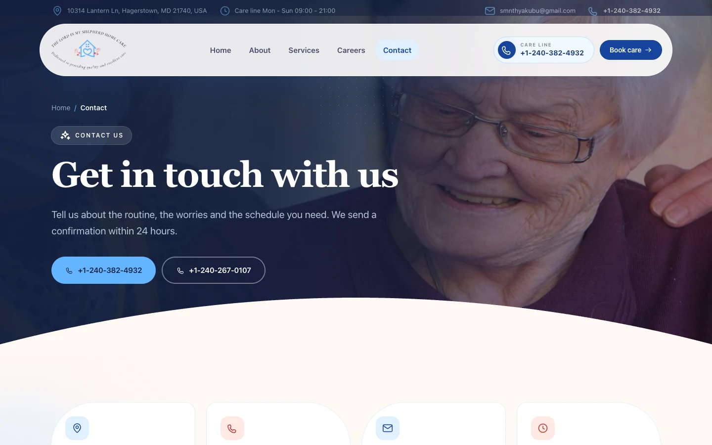 Contact page with care line, office hours, address, and message form, desktop view