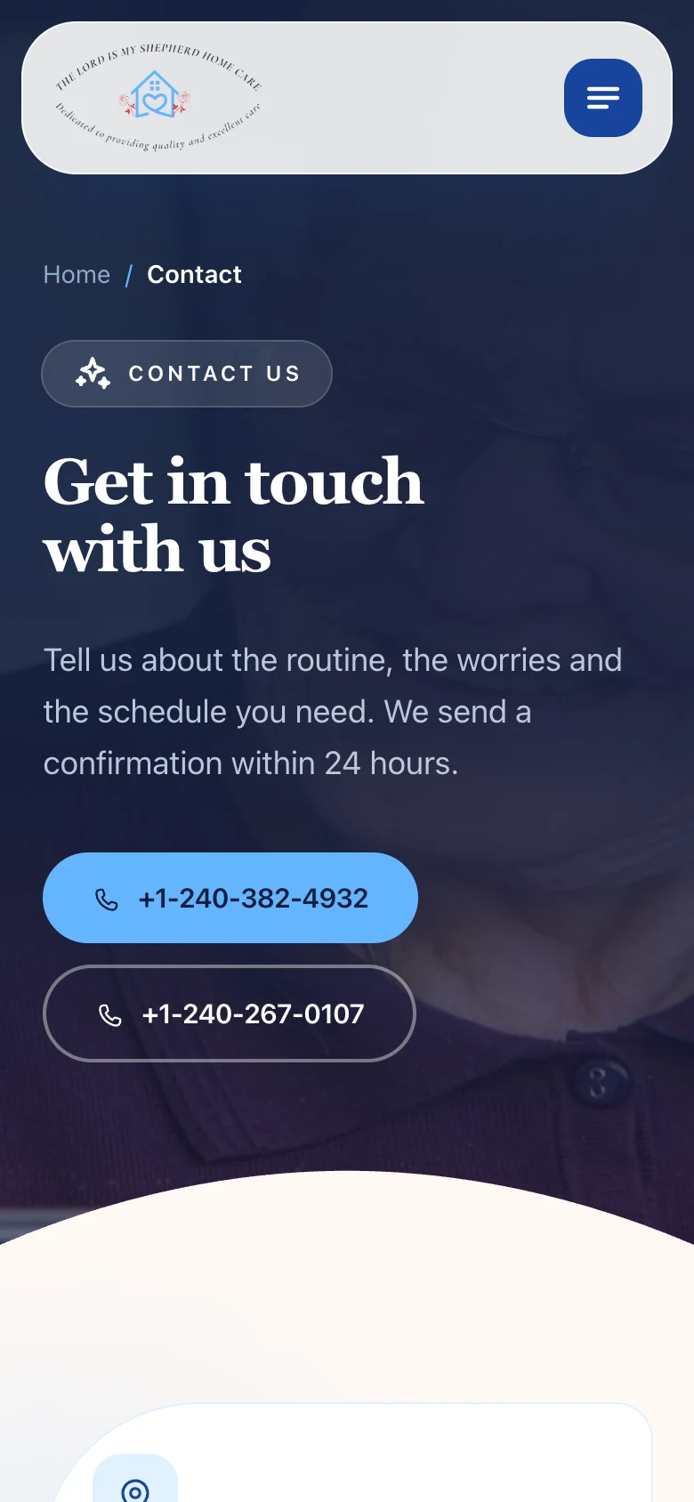 Contact page with care line, office hours, address, and message form, mobile view