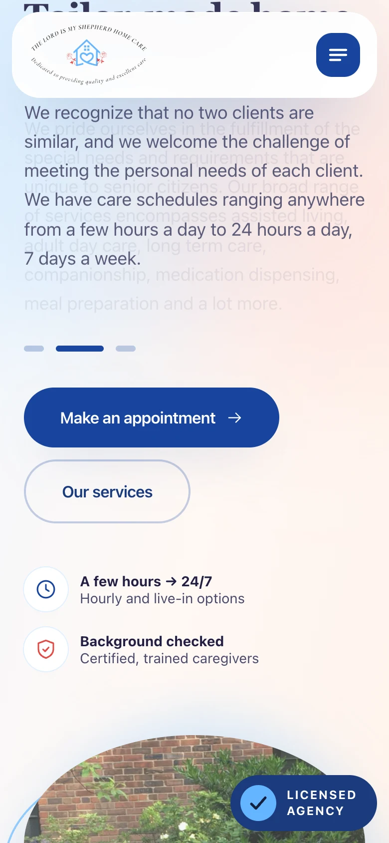 Home page with the "Elderly care right at home" hero, services, founder story, how care starts, and testimonials, mobile view