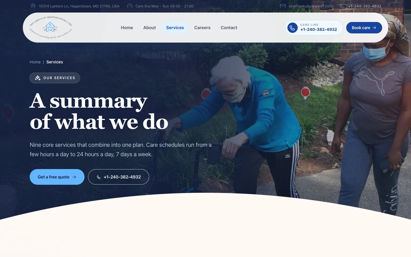 Services page listing nine core services, specialities, and the four-step care process, desktop view