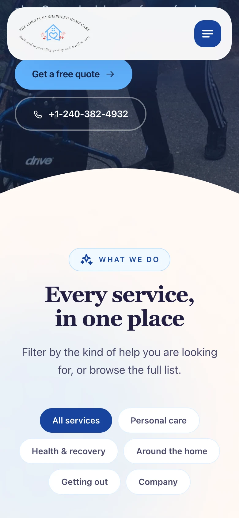Services page listing nine core services, specialities, and the four-step care process, mobile view