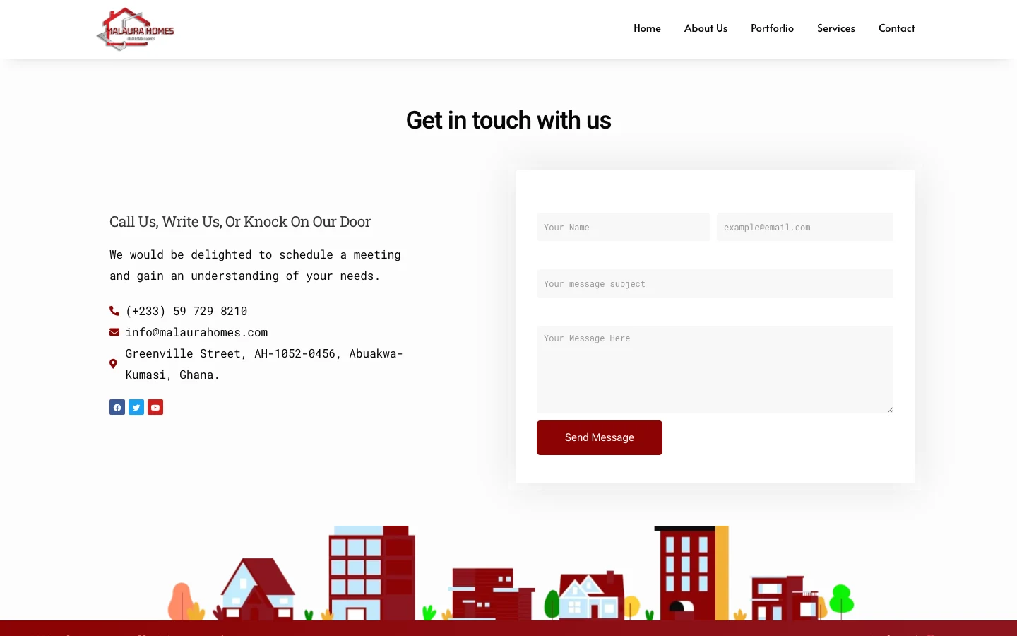 Contact section with phone, email, and Kumasi address, desktop view