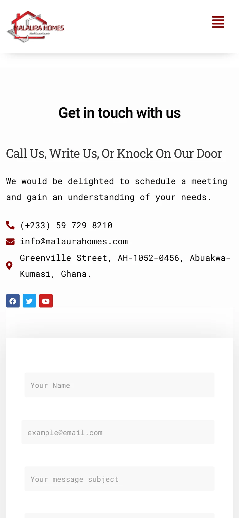 Contact section with phone, email, and Kumasi address, mobile view