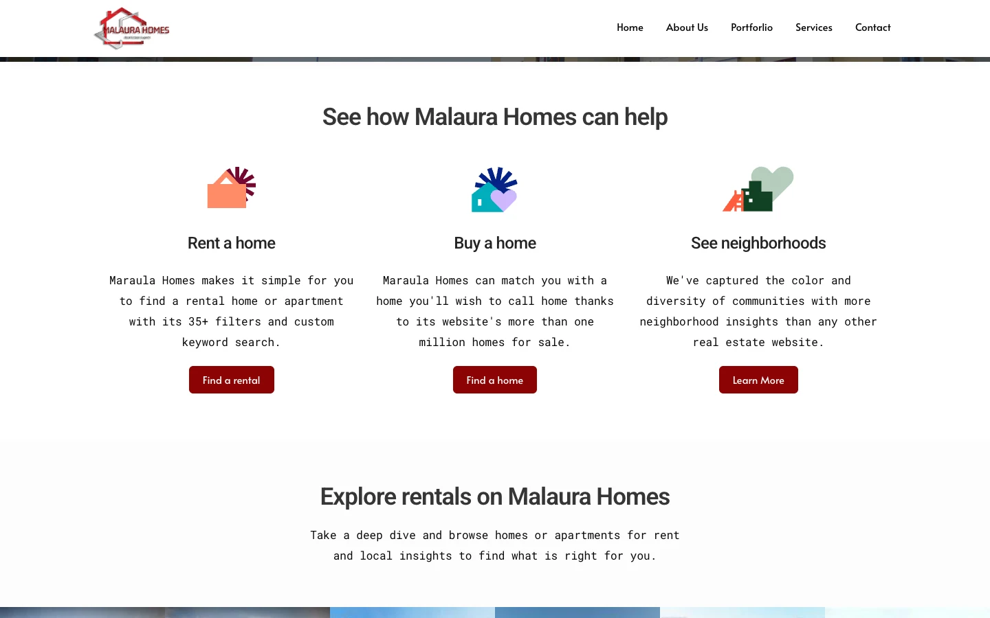Rent, buy, and neighbourhoods cards, desktop view