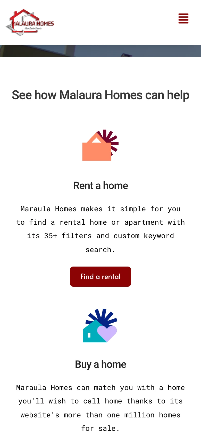 Rent, buy, and neighbourhoods cards, mobile view