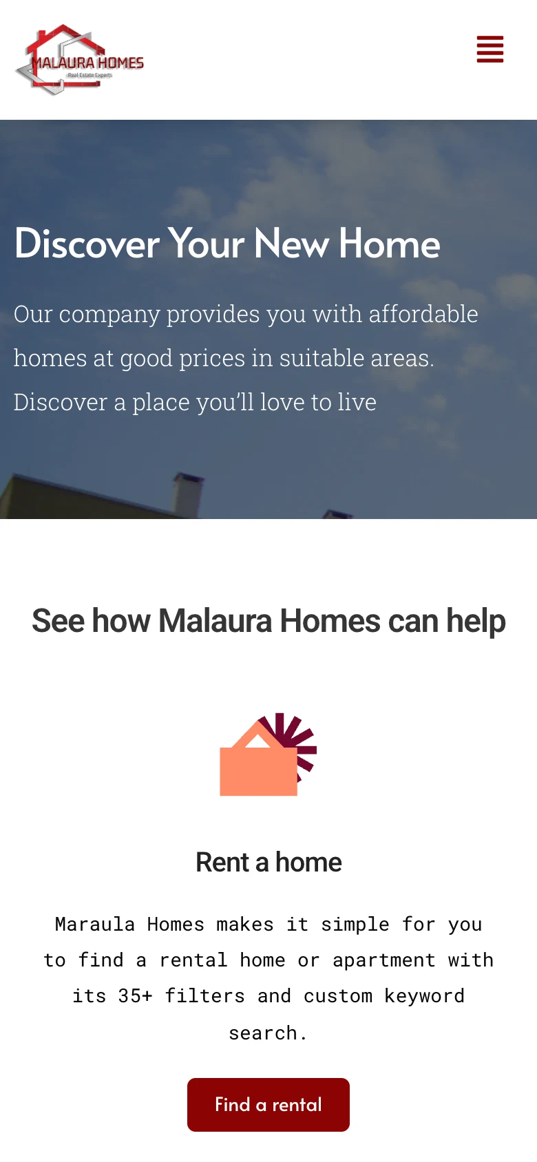 Hero with "Discover Your New Home" headline and property imagery, mobile view