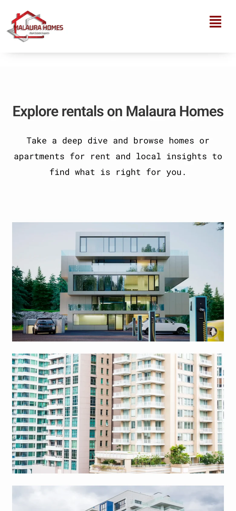 Explore rentals gallery with property photography, mobile view