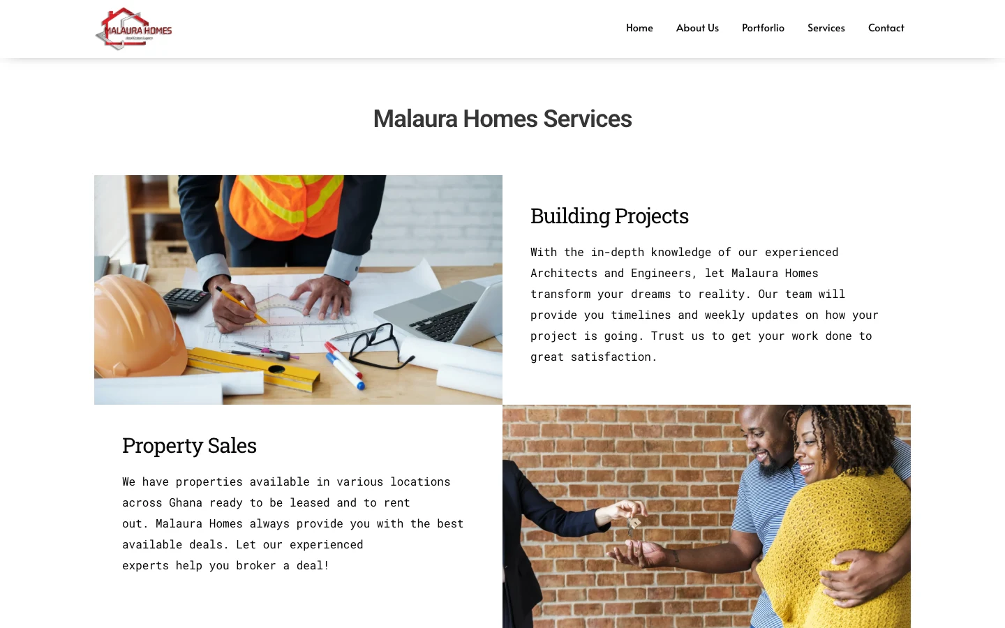 Services: building projects, property sales, leasing, valuation, and Airbnb management, desktop view