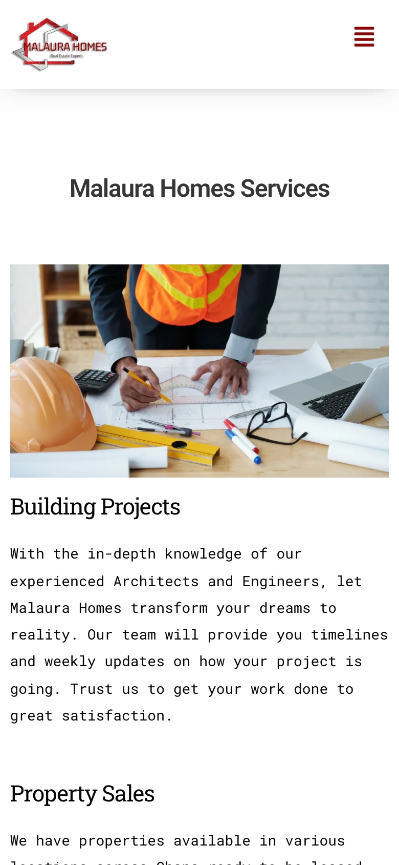 Services: building projects, property sales, leasing, valuation, and Airbnb management, mobile view