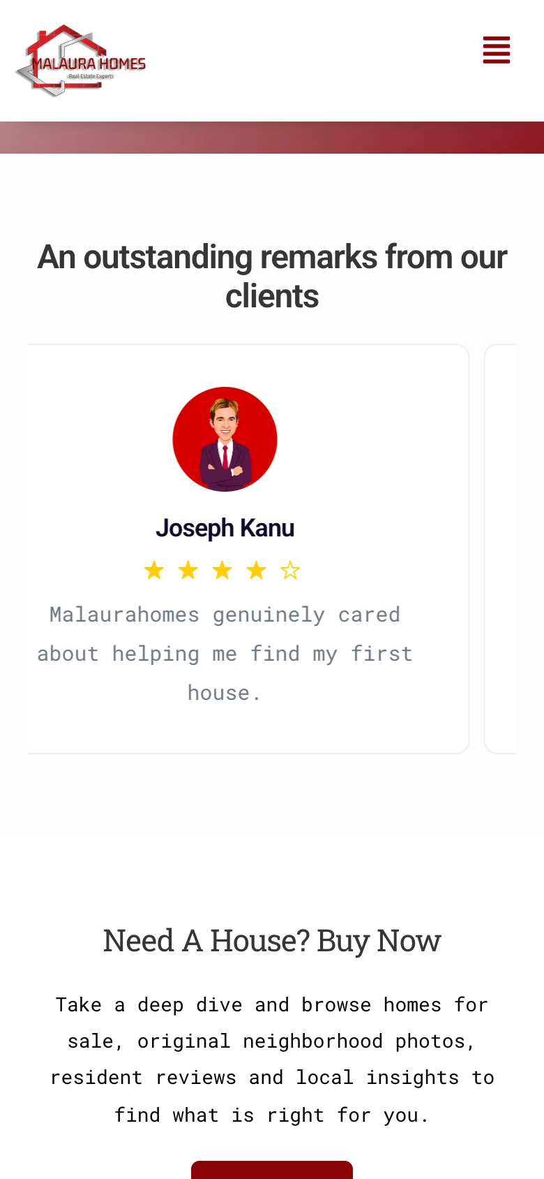 Client testimonials section, mobile view