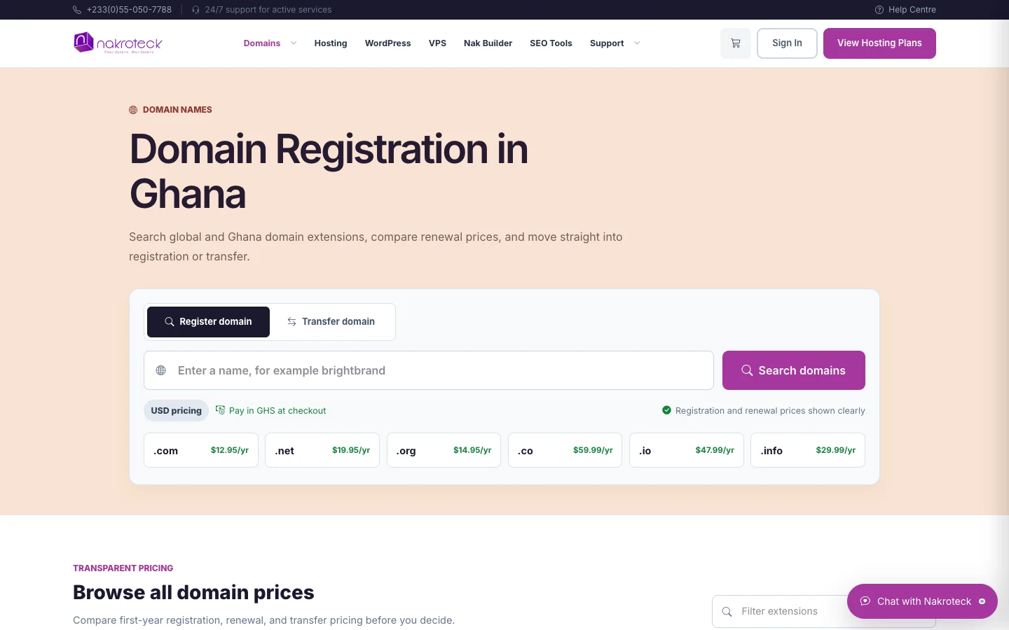 Domain search page with .com, .com.gh, .org.gh, and .net.gh pricing, desktop view
