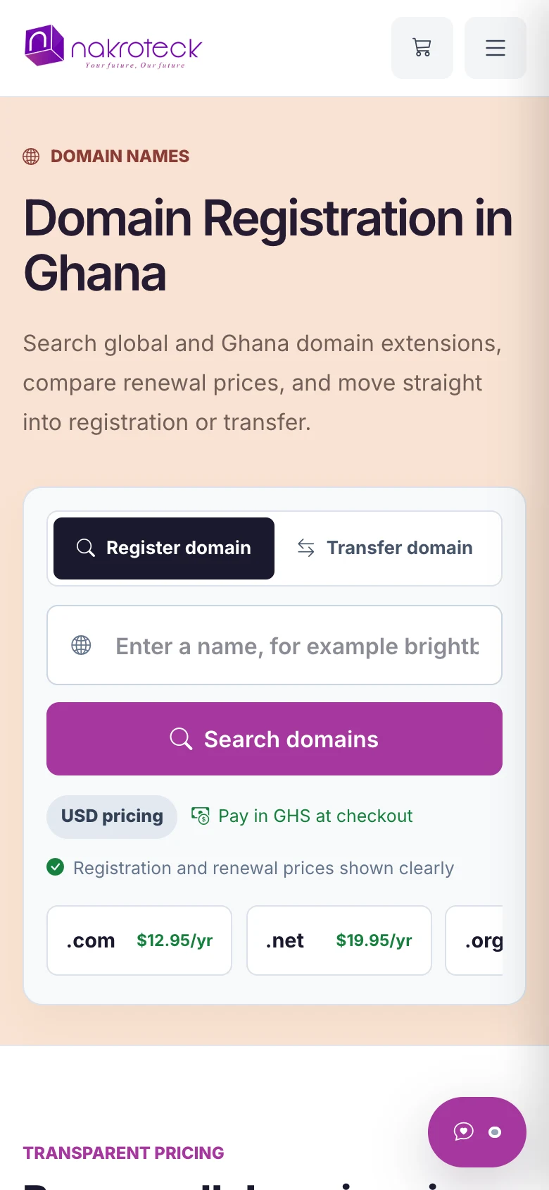 Domain search page with .com, .com.gh, .org.gh, and .net.gh pricing, mobile view