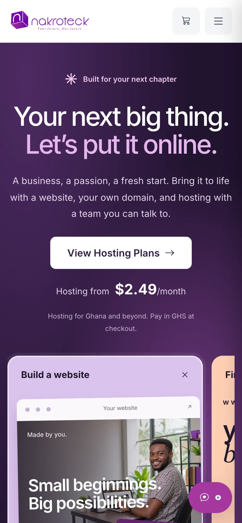 Home page with the launch hero, hosting plans, domain search, and website builder promotion, mobile view