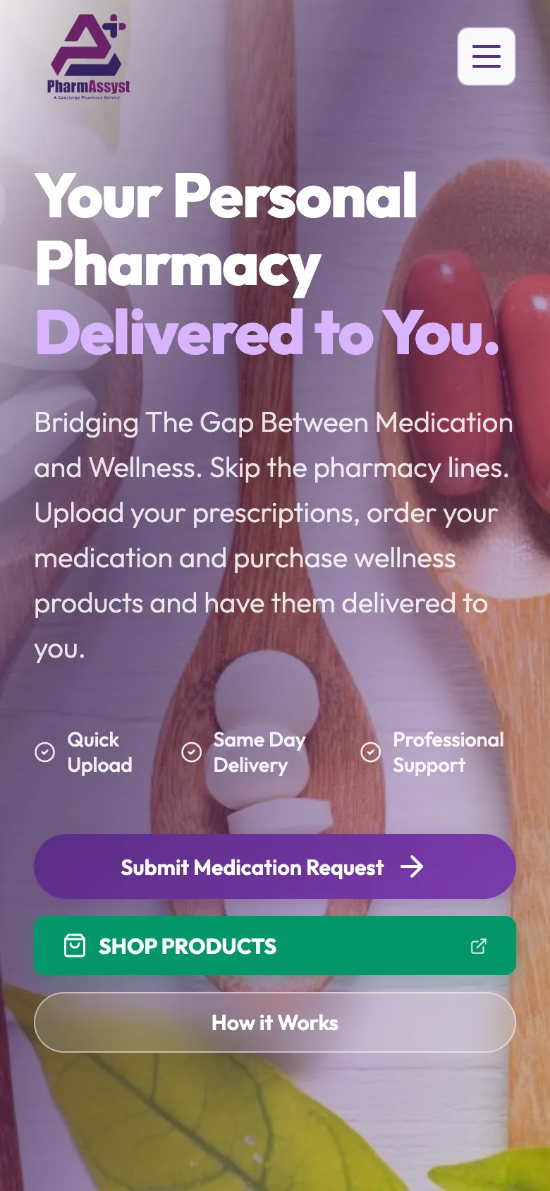 Hero with "Your Personal Pharmacy Delivered to You" and the medication request call to action, mobile view