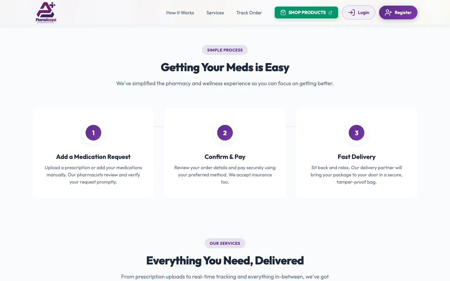 Three steps: add a medication request, confirm and pay, fast delivery, desktop view