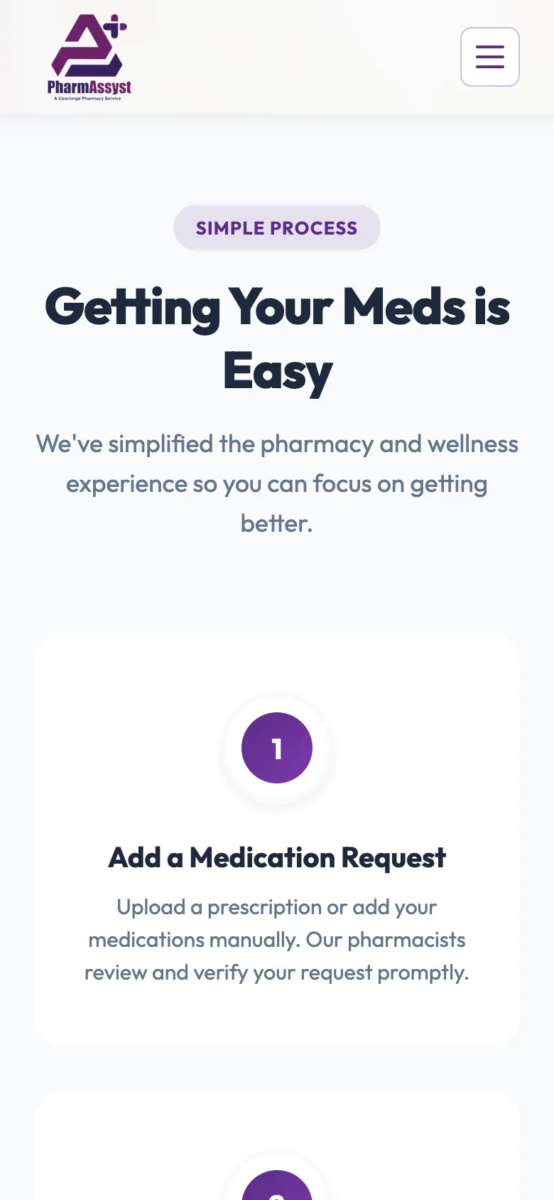 Three steps: add a medication request, confirm and pay, fast delivery, mobile view
