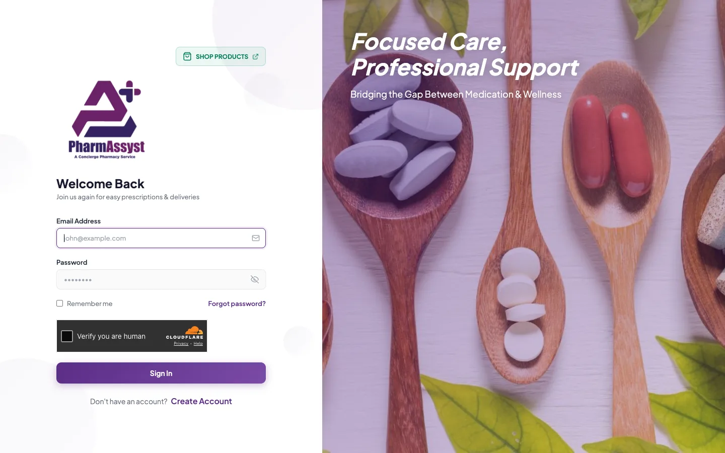 Patient sign-in with email, password, remember me, and bot protection, desktop view
