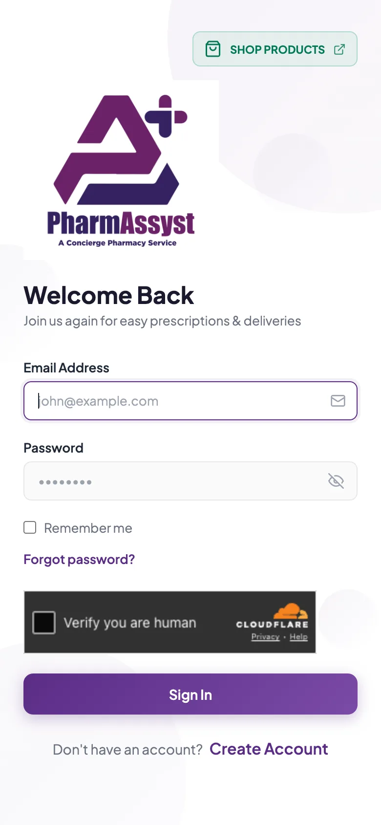 Patient sign-in with email, password, remember me, and bot protection, mobile view