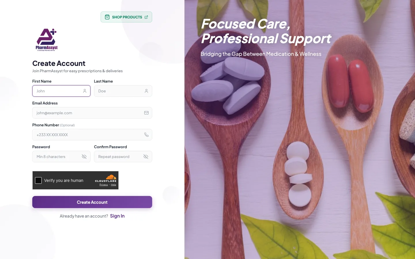 Patient sign-up with name, email, optional phone, password, and bot protection, desktop view