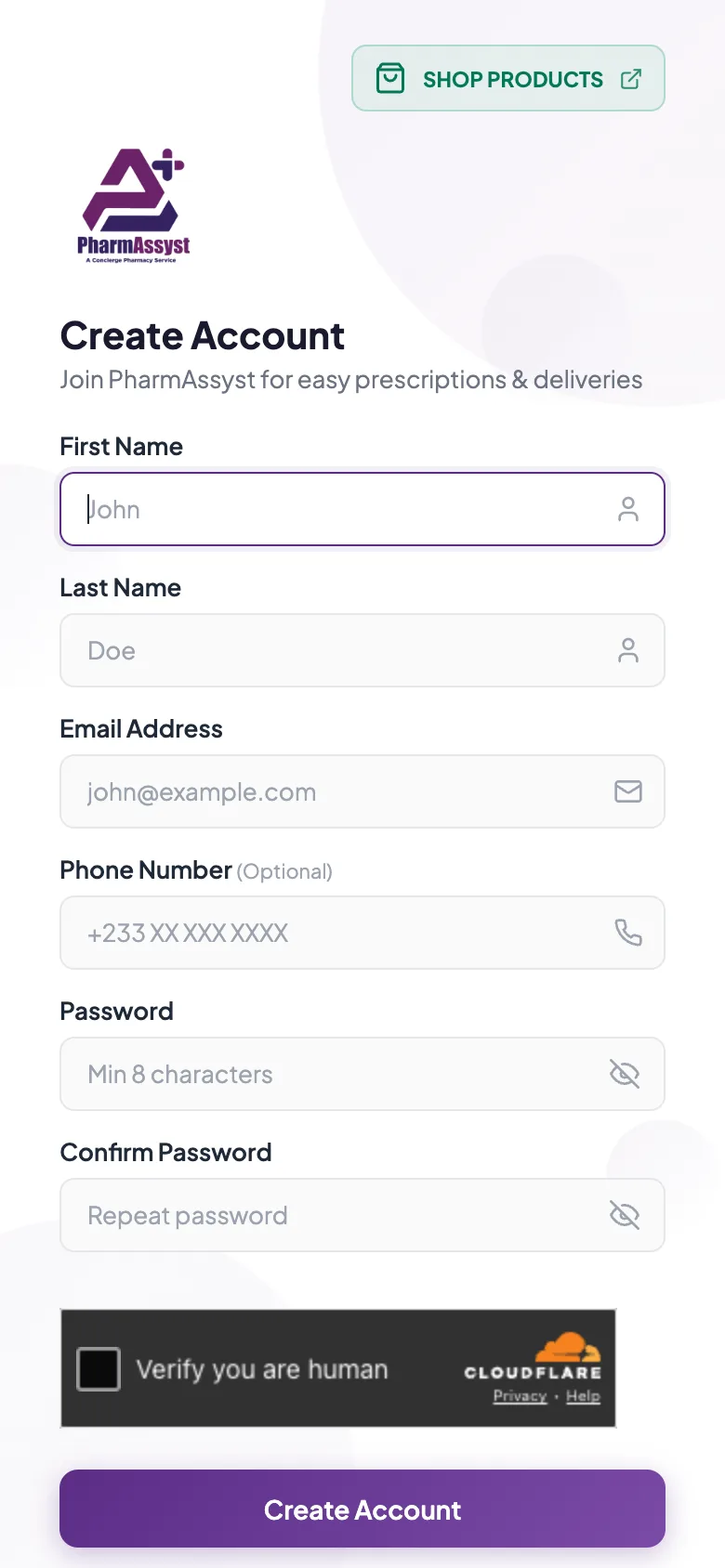 Patient sign-up with name, email, optional phone, password, and bot protection, mobile view