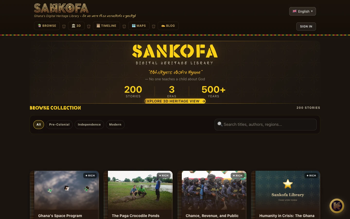 Browse all stories with filters by era and theme, desktop view