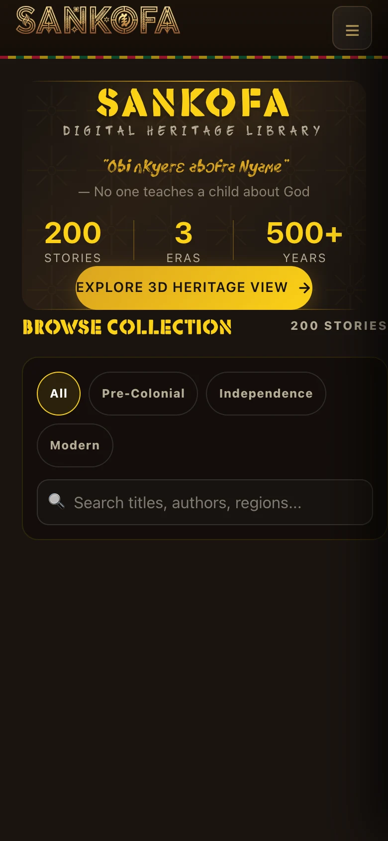 Browse all stories with filters by era and theme, mobile view