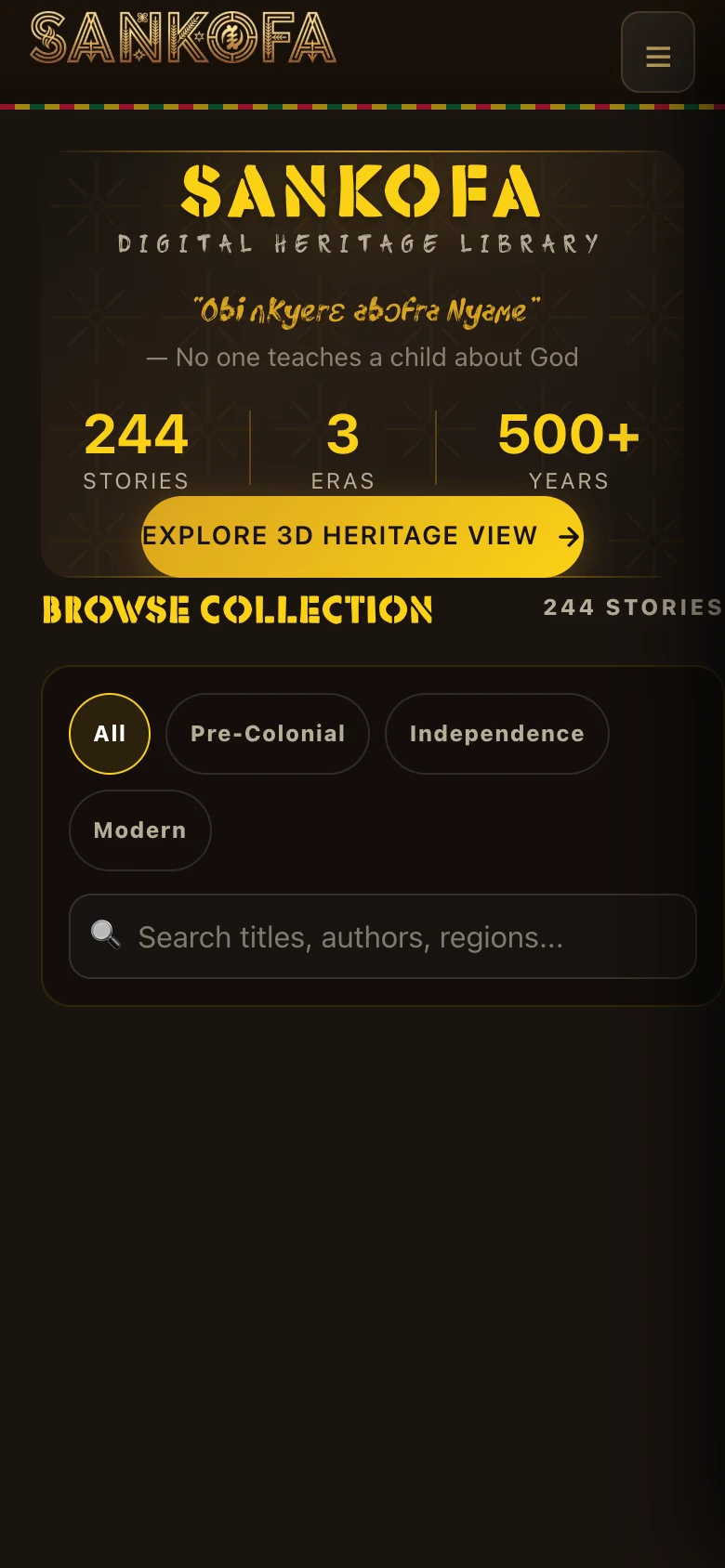 Sankofa Digital Heritage Library home with featured stories, eras, and story counts, mobile view