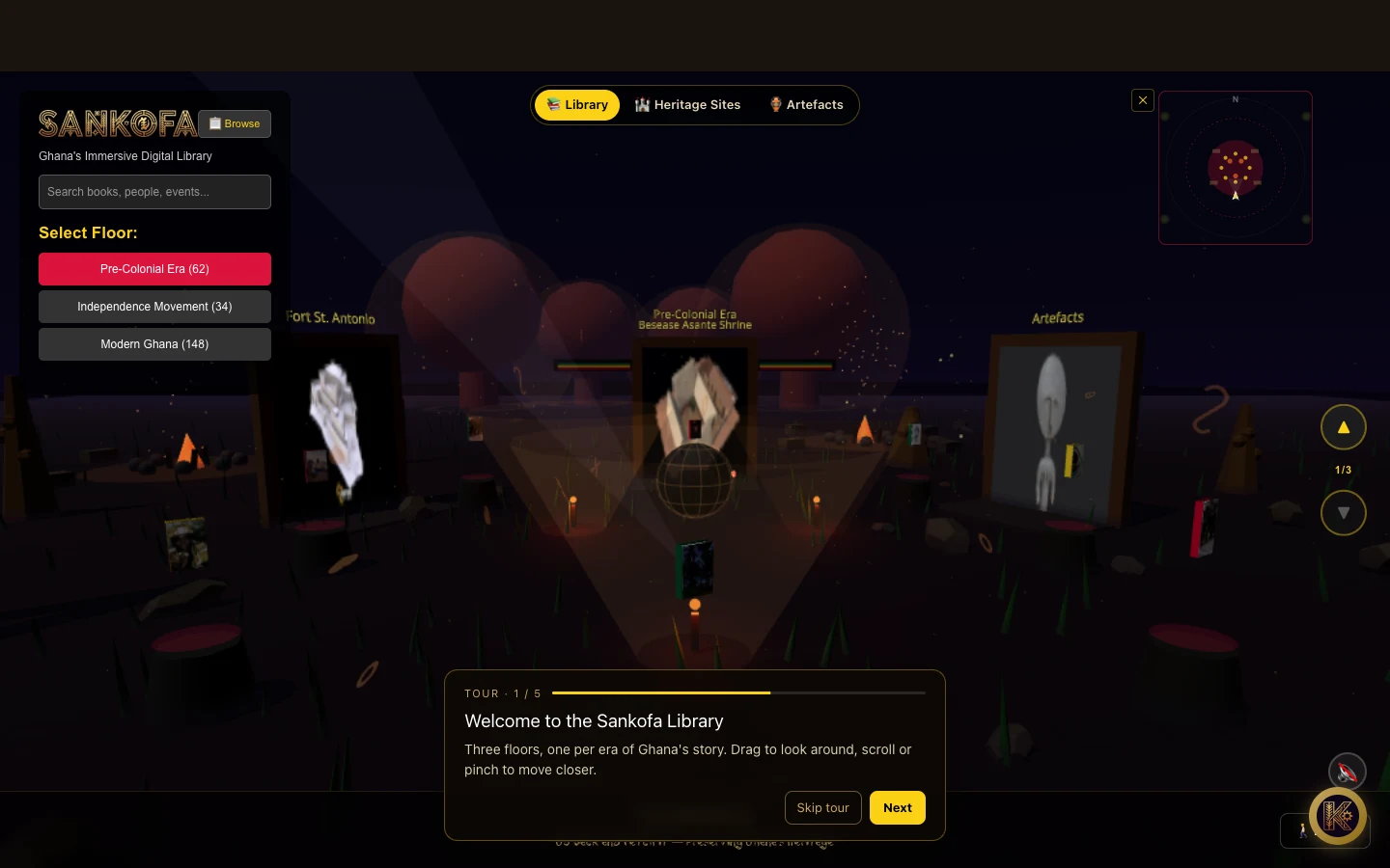 Interactive 3D heritage library view, desktop view