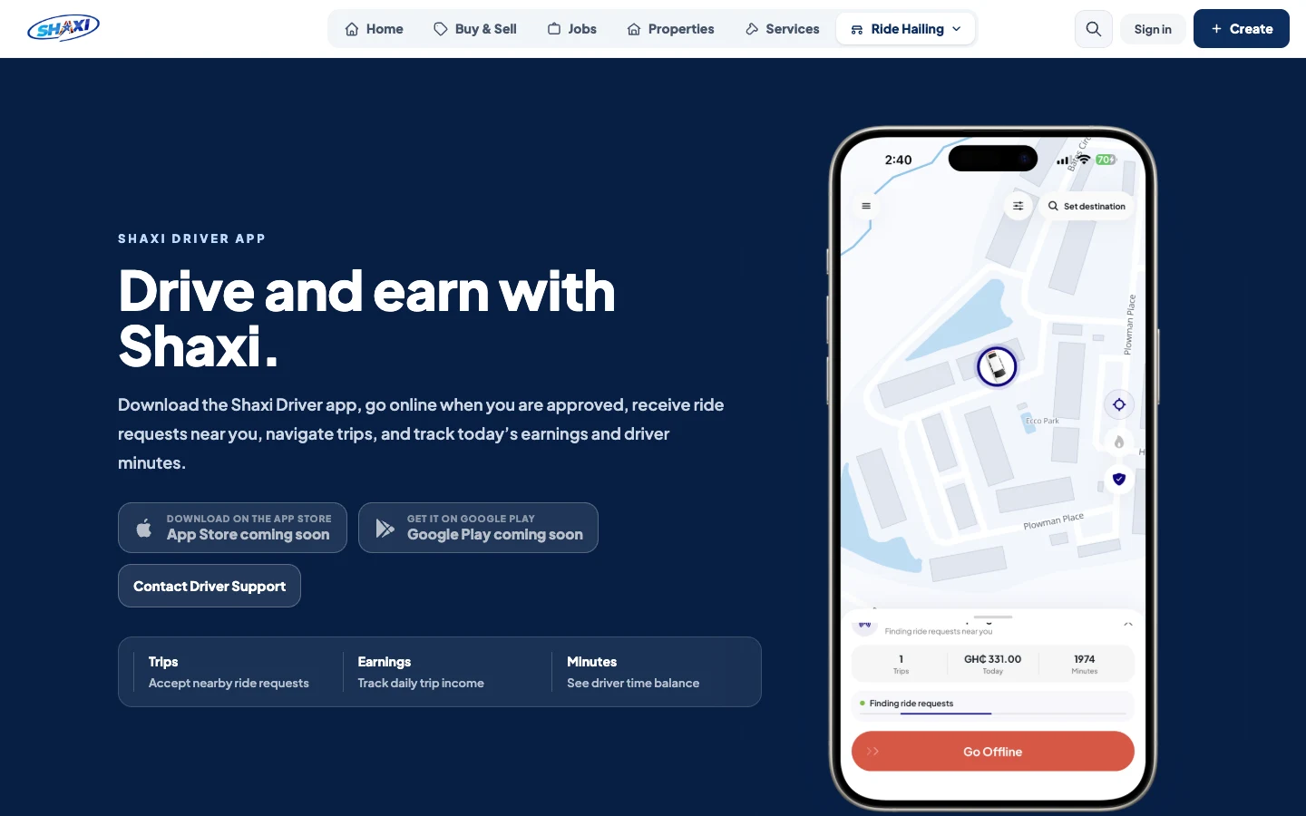 Driver page with earnings, requirements, and onboarding steps